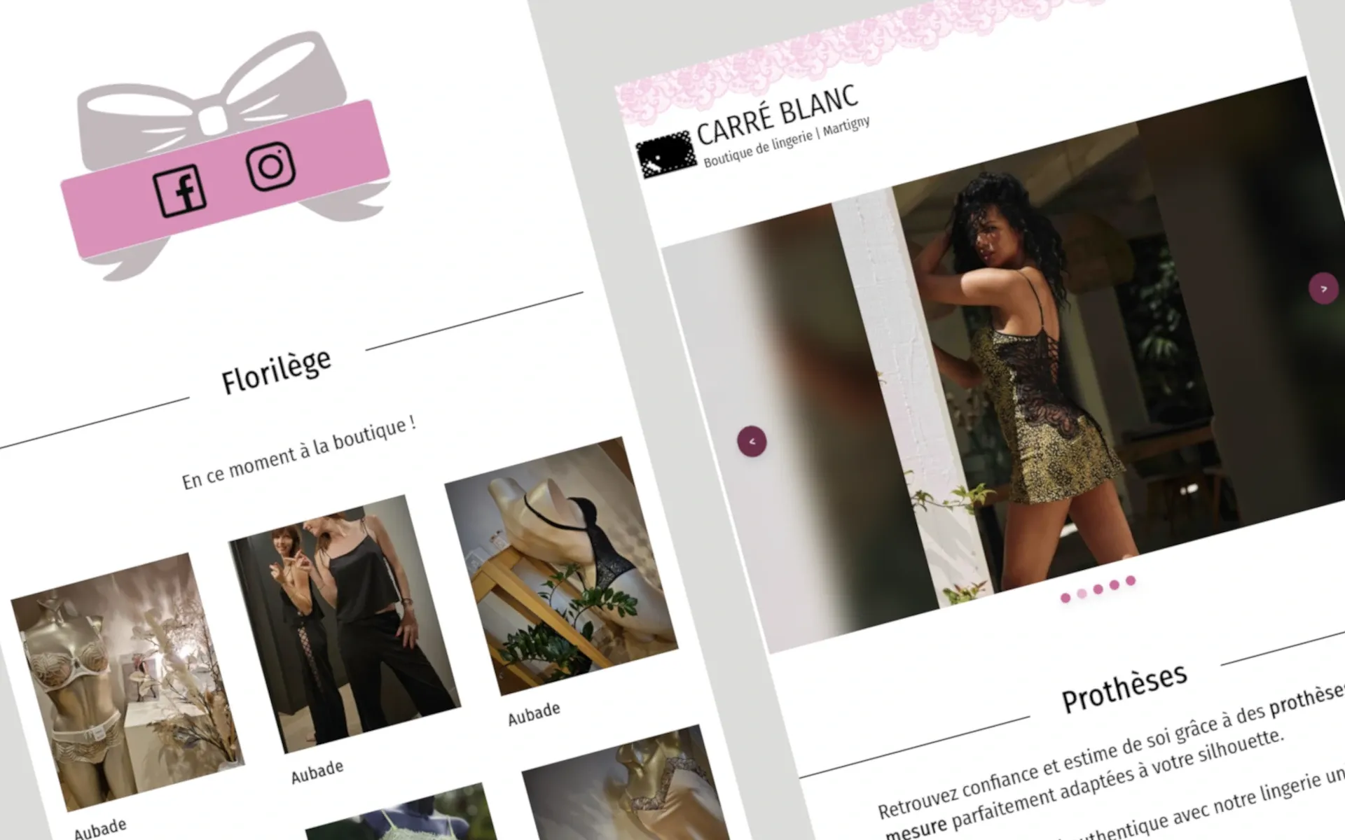 Aperçu du site web Carré Blanc avec un slider de modèles (des femmes), une galerie d'images d'articles de lingerie (parures, soutien-gorges, culottes, nuisettes, etc.) et un noeud décoratif avec les icônes de Facebook et Instagram