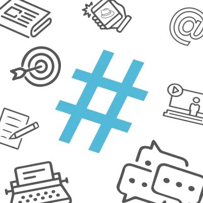 Un hashtag au centre entouré d'icônes : article, machine à écrire, symbole email, bulles de conversation