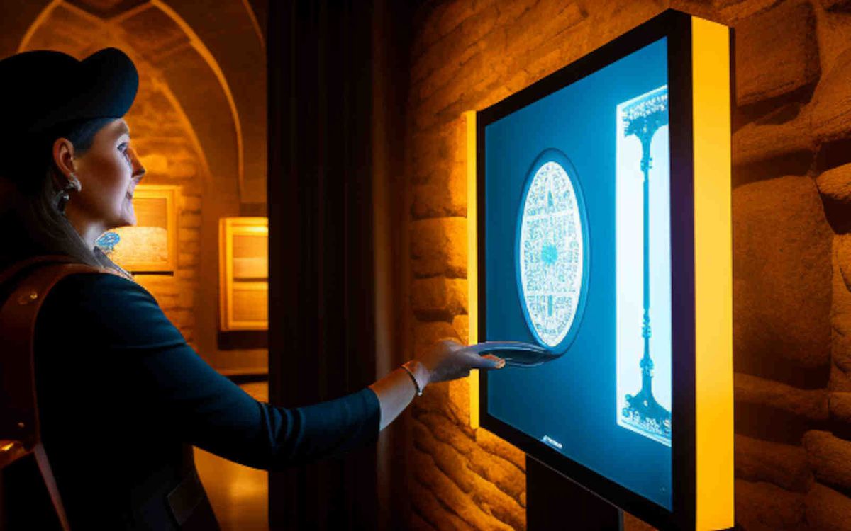 Une personne visite un musée et touche un écran interactif