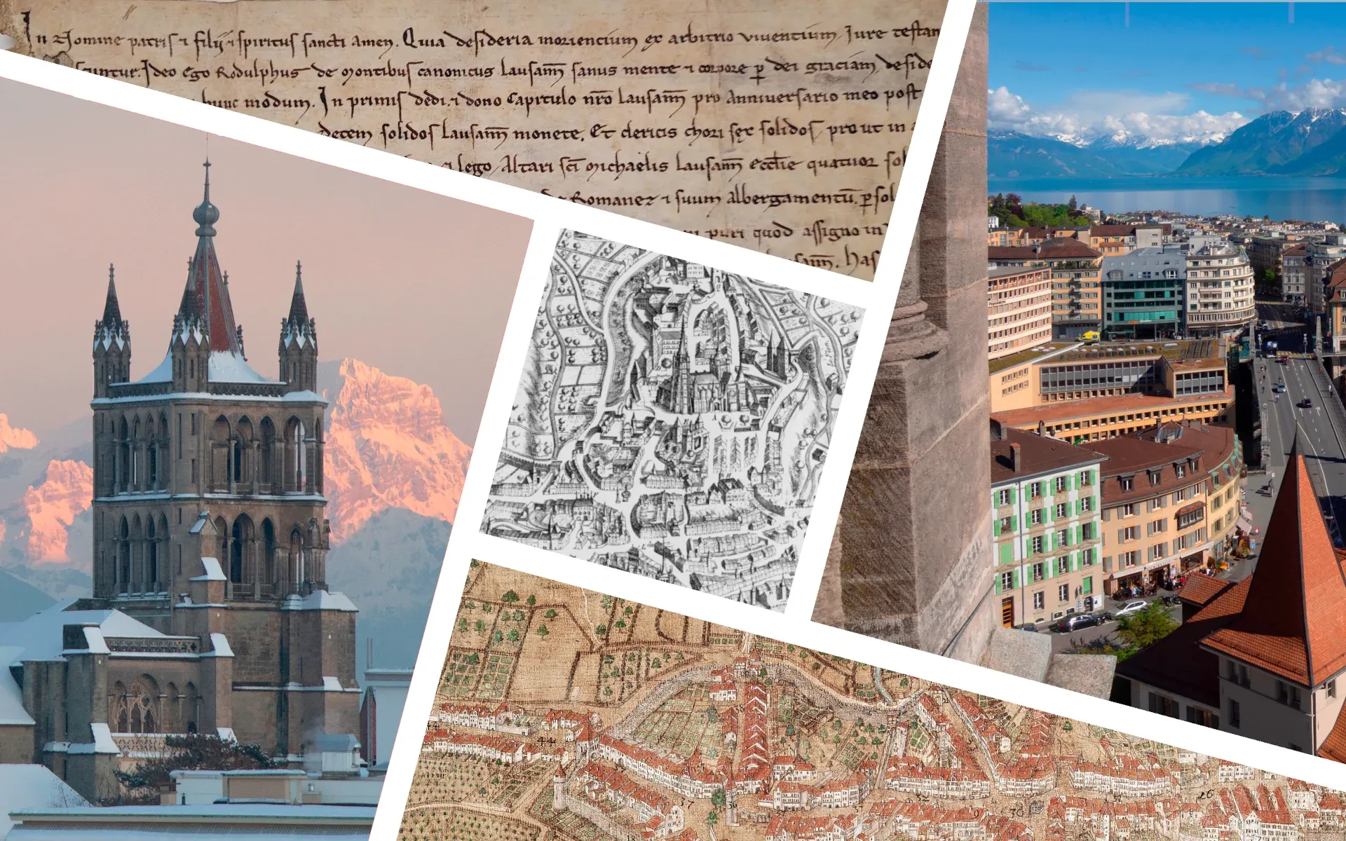Plusieurs images montrant la cathédrale de Lausanne, des manuscrits médiévaux et des cartes dessinées